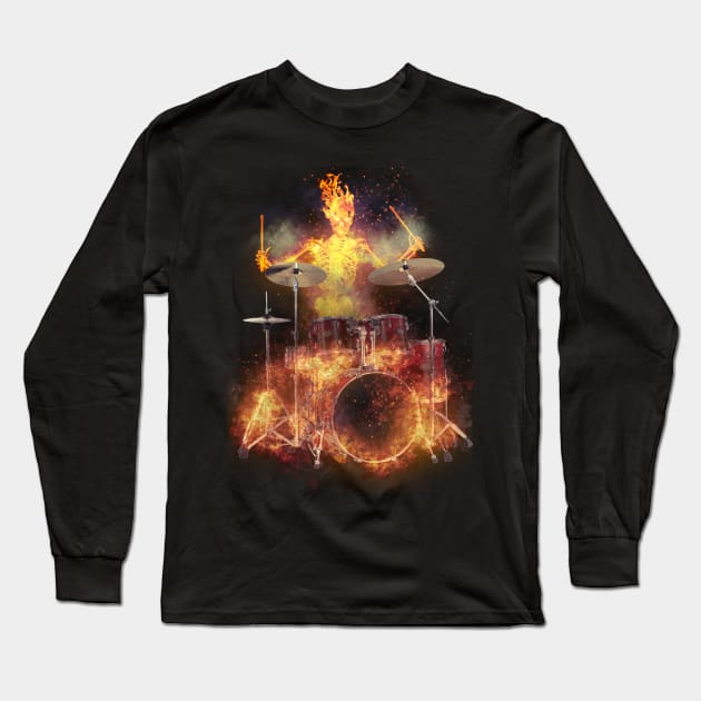 Flaming Skeleton Drummer Set 1 Long Sleeve T-Shirt by Ratherkool